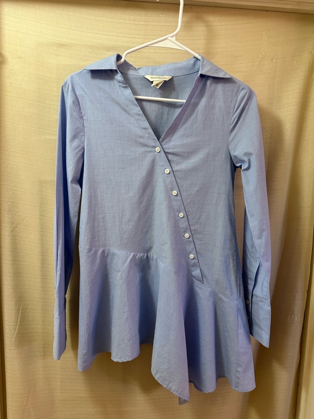 Club Monaco Blue Asymmetrical Peplum Top Cotton XS Button Front Preppy